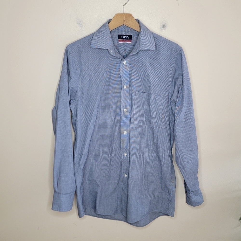 Chaps Blue-Gray Button Front Tiny Checked Dress Shirt